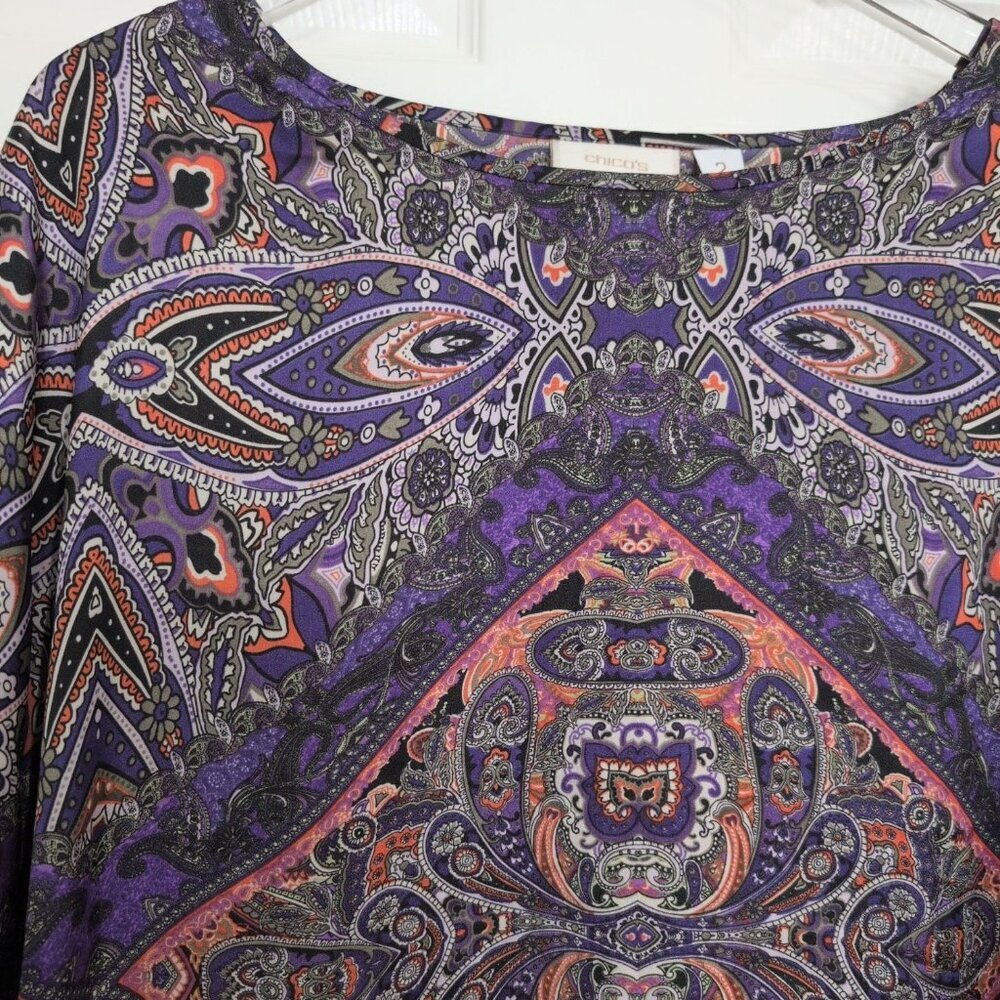 Chicos 2 Mixed Print Satin Shirt Womens Size Large Purple Animal Print Lightweig - Picture 2 of 5